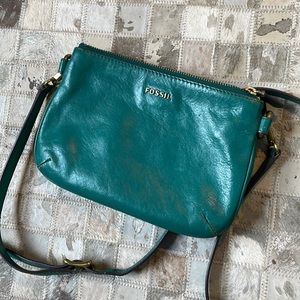 Teal green leather fossil wallet crossbody bag EUC
